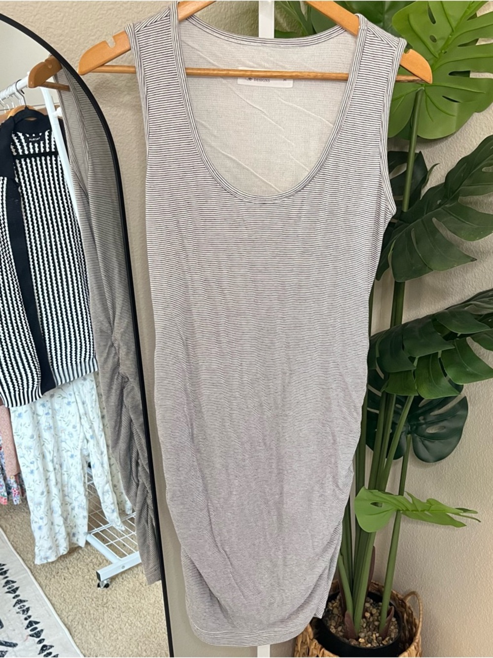 🤍✨ Light Grey Striped Ruched Bodycon Midi Dress Sz M | Organic Cotton